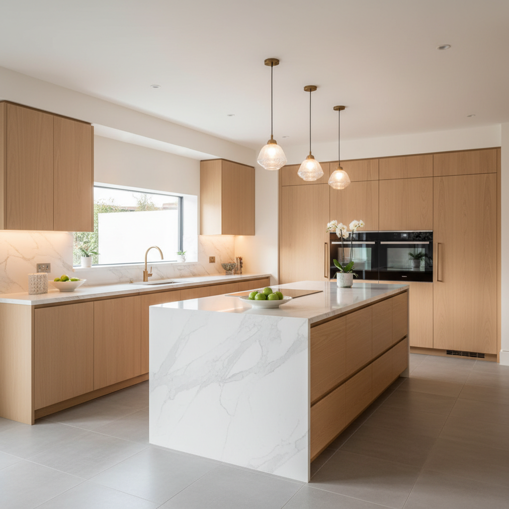 Upscale kitchen interior with integrated refrigerator and wall oven