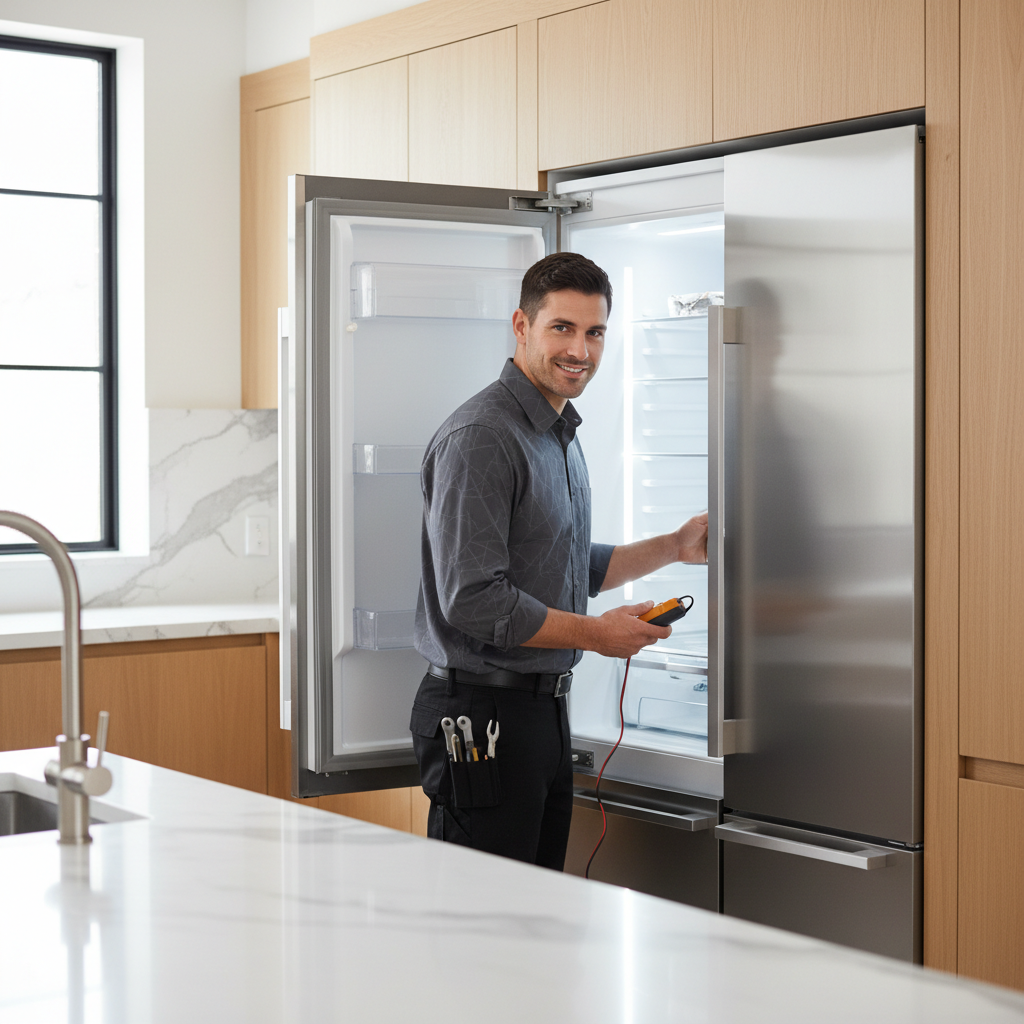 Professional technician repairing a premium refrigerator